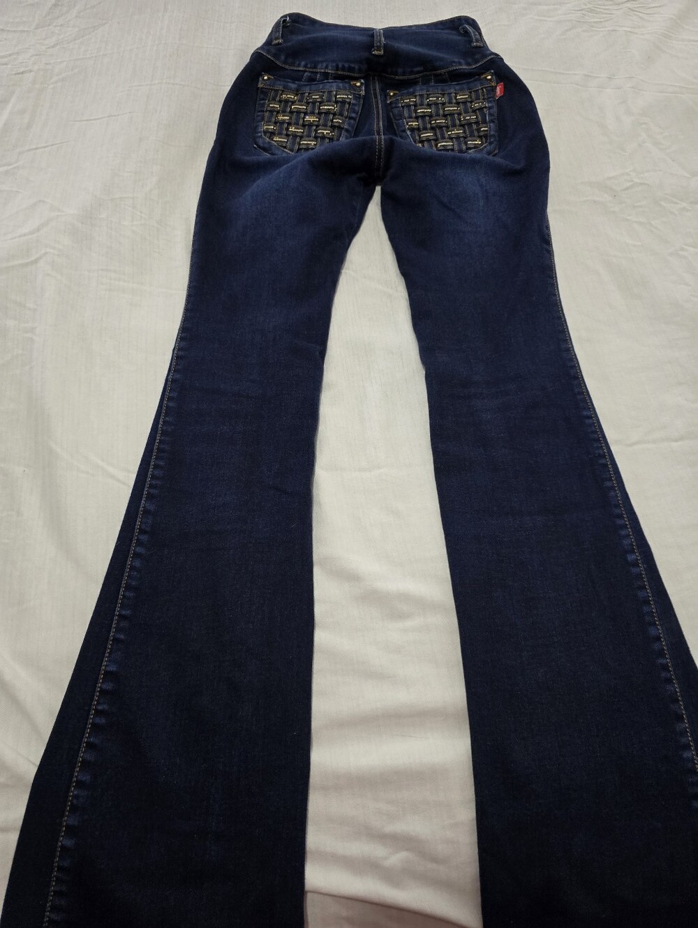 Dark Blue Women's Flare Jeans with Decorative Back Pockets